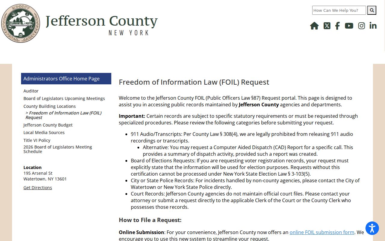 Watertown residents directory Jefferson County FOIL request page