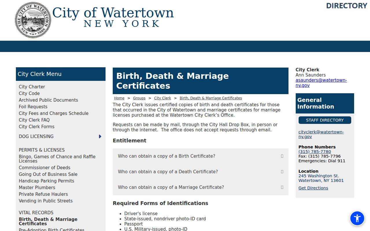 Watertown resident research City Clerk vital certificate request instructions